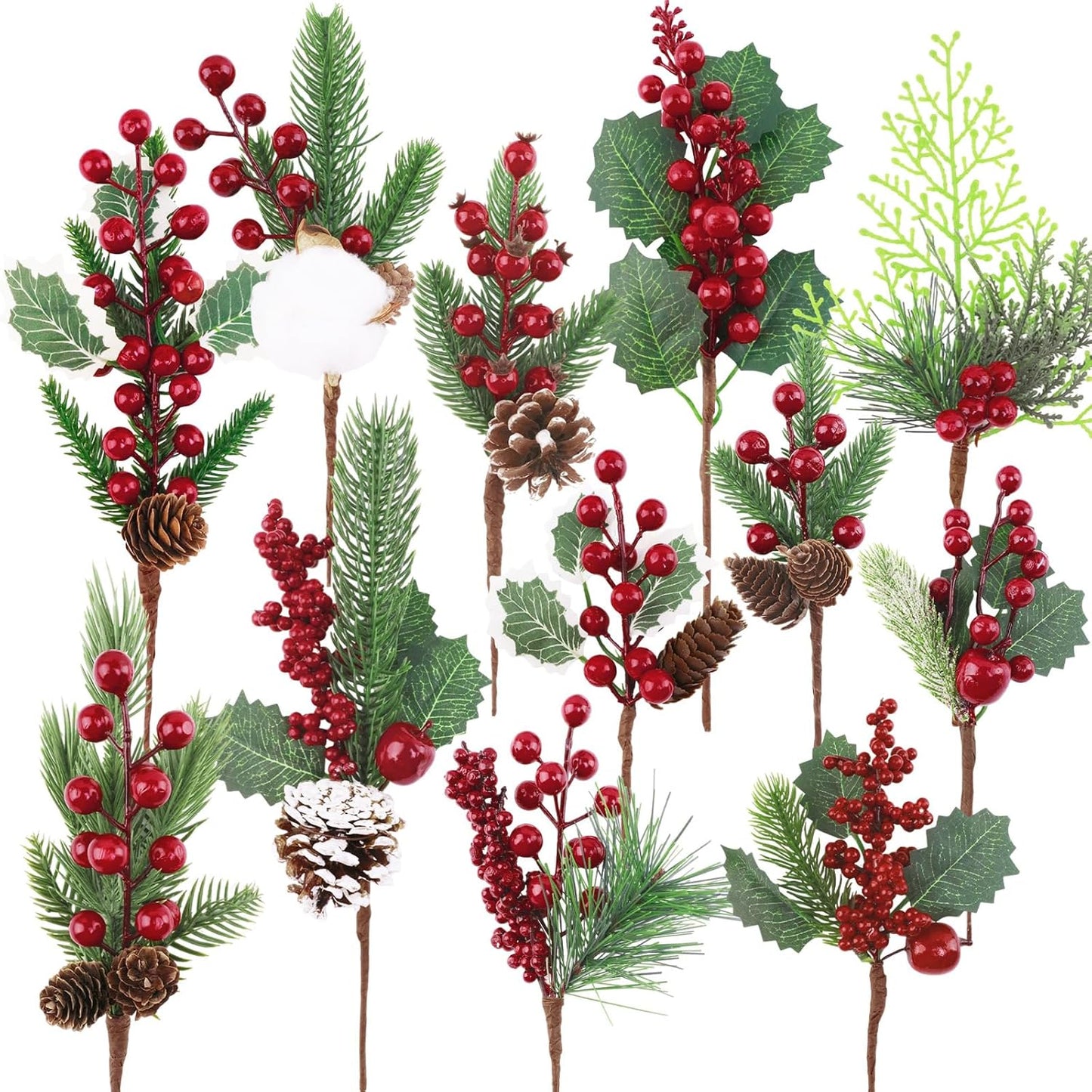 Pinecones Red Berry Picks - 12 Pcs Christmas Floral Stems for Wreaths & Tree Decor