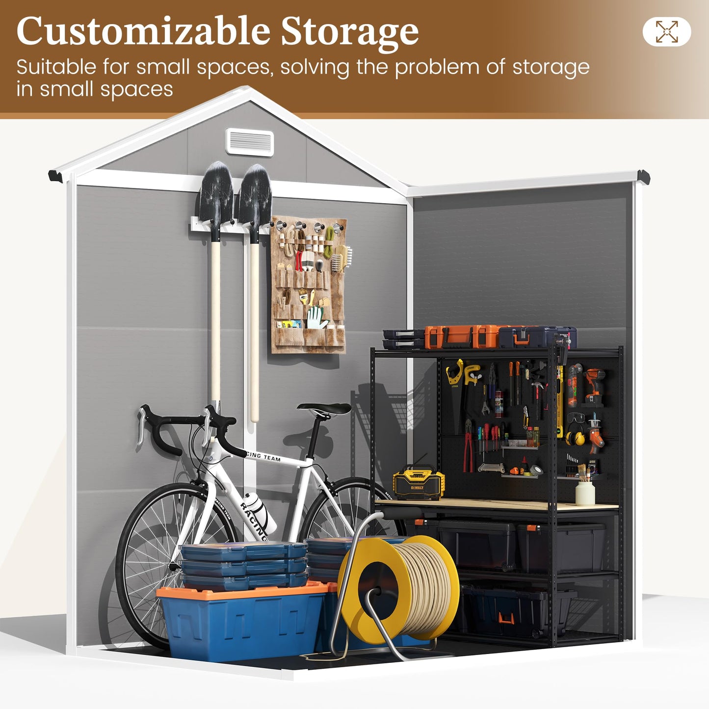 UDPATIO Outdoor Storage Shed 6x4 FT, Garden Resin Shed for Bike, Garbage Can, Tools, Outside Plastic Sheds with Floor for Backyard, Patio, Lawn, Grey & White