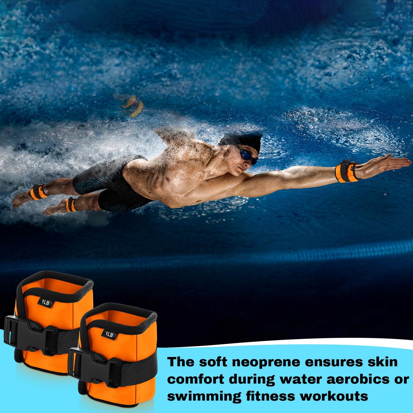 Hollowfly 2 Pairs Ankle Wrist Weights for Land or Aquatic Exercise Aqua Cuffs Aqua Aerobics Fitness Bands for Ankle and Wrist Adjustable Weights for Swimming Pool Workout Equipment (Orange,1lb)
