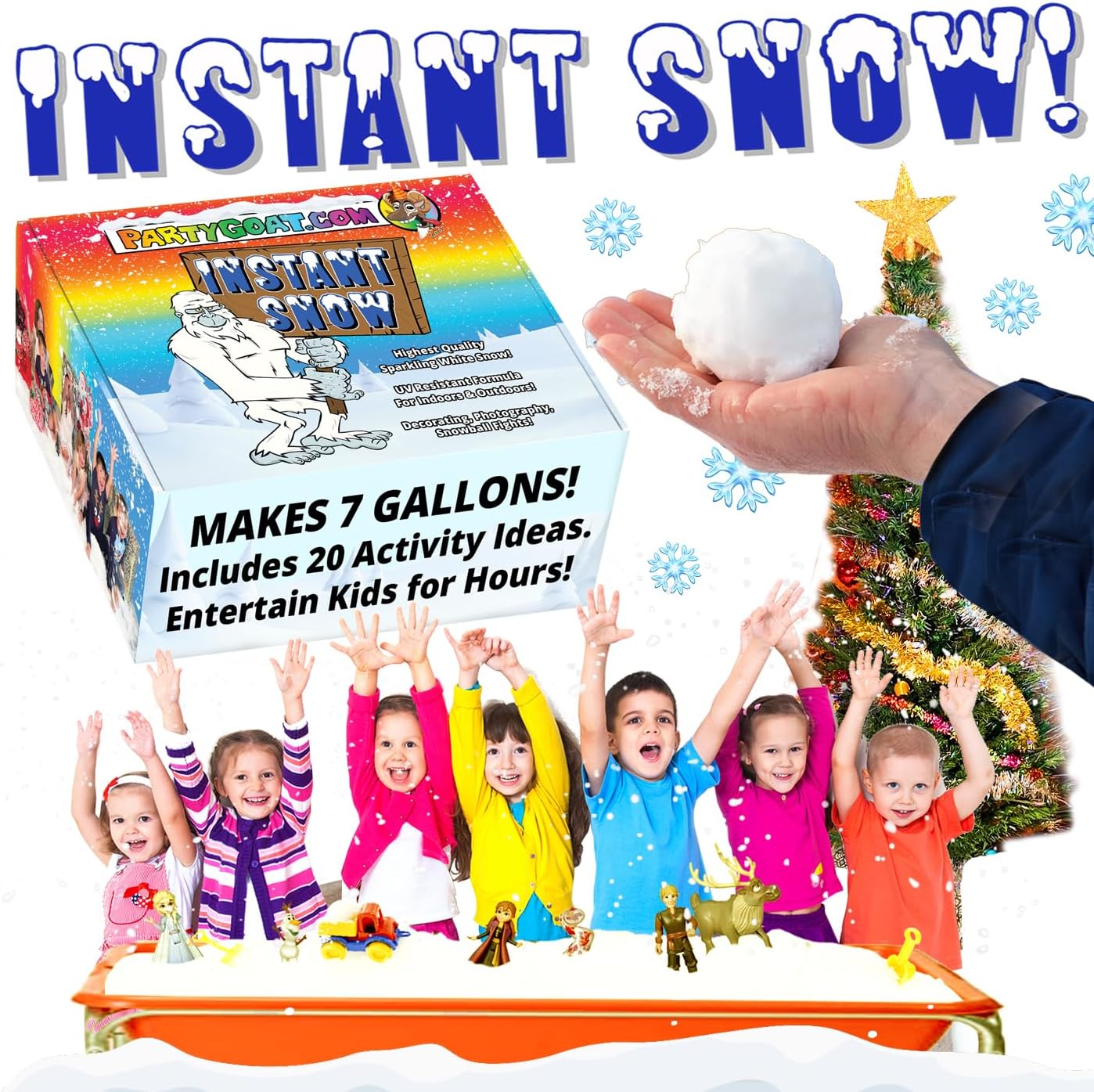 PARTY GOAT Instant Snow Powder - Create 7 Gallons of Fake Snow for Indoor & Outdoor Fun | 18oz
