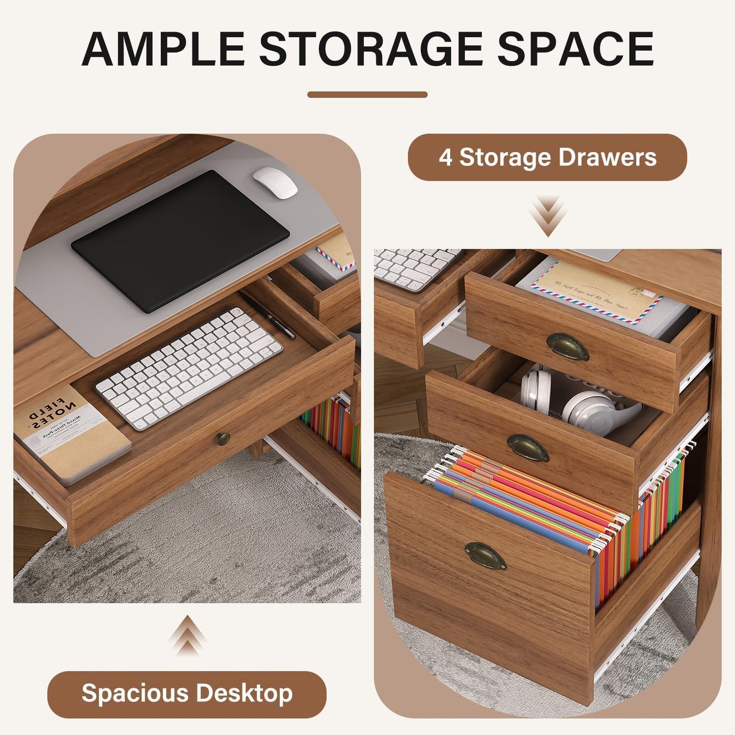 4 EVER WINNER Desk with Drawers, 47'' Small Desk with Monitor Stand and File Drawer, Computer Desk with Storage for Bedroom, Living Room, Small Spaces, Walnut