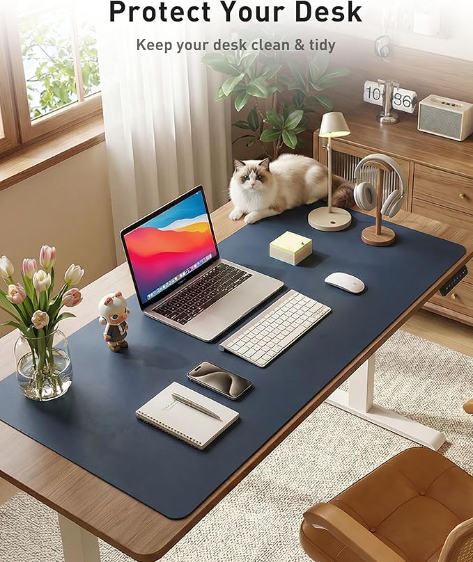 Aothia Faux Leather Desk Mat - Large Mouse Pad, Non-Slip PU Leather Blotter, Waterproof Writing Surface for Office and Home (Dark Blue, 40" x 24")