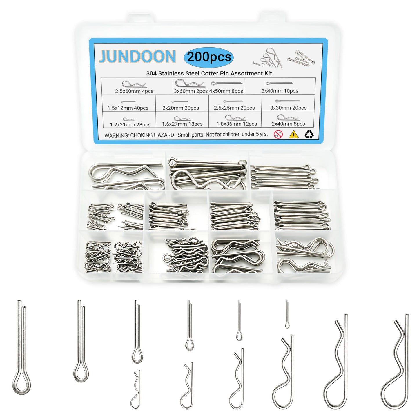 200Pcs 304 Stainless Steel Cotter Pins & R-Clips Assortment Kit, 12 Sizes Hitch Pin Clips for Tractor, Truck, Trailer, and Engine Repair