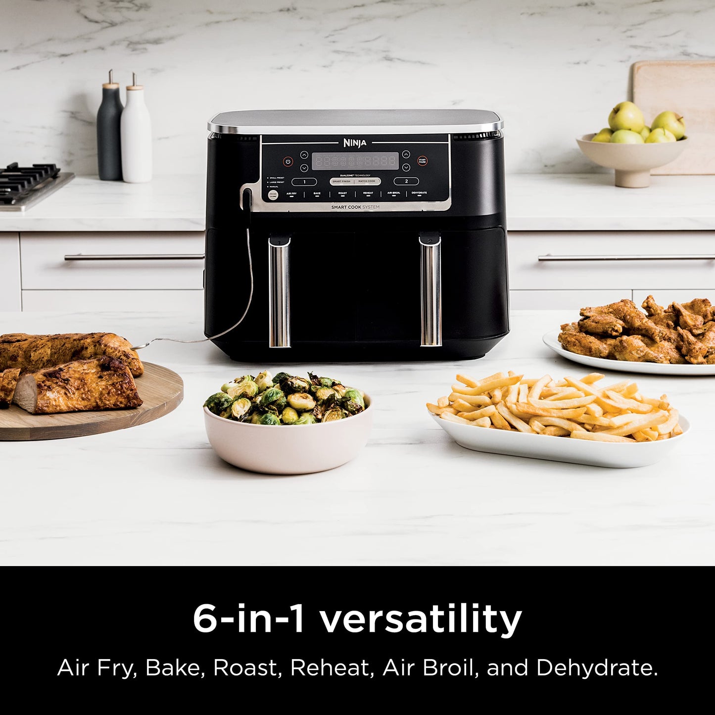 Ninja DZ550 Foodi 10 QT 6-in-1 DualZone Smart XL Air Fryer with 2 Independent Baskets, Smart Cook Thermometer for Perfect Doneness, Match Cook & Smart Finish to Roast, Dehydrate & More, Grey