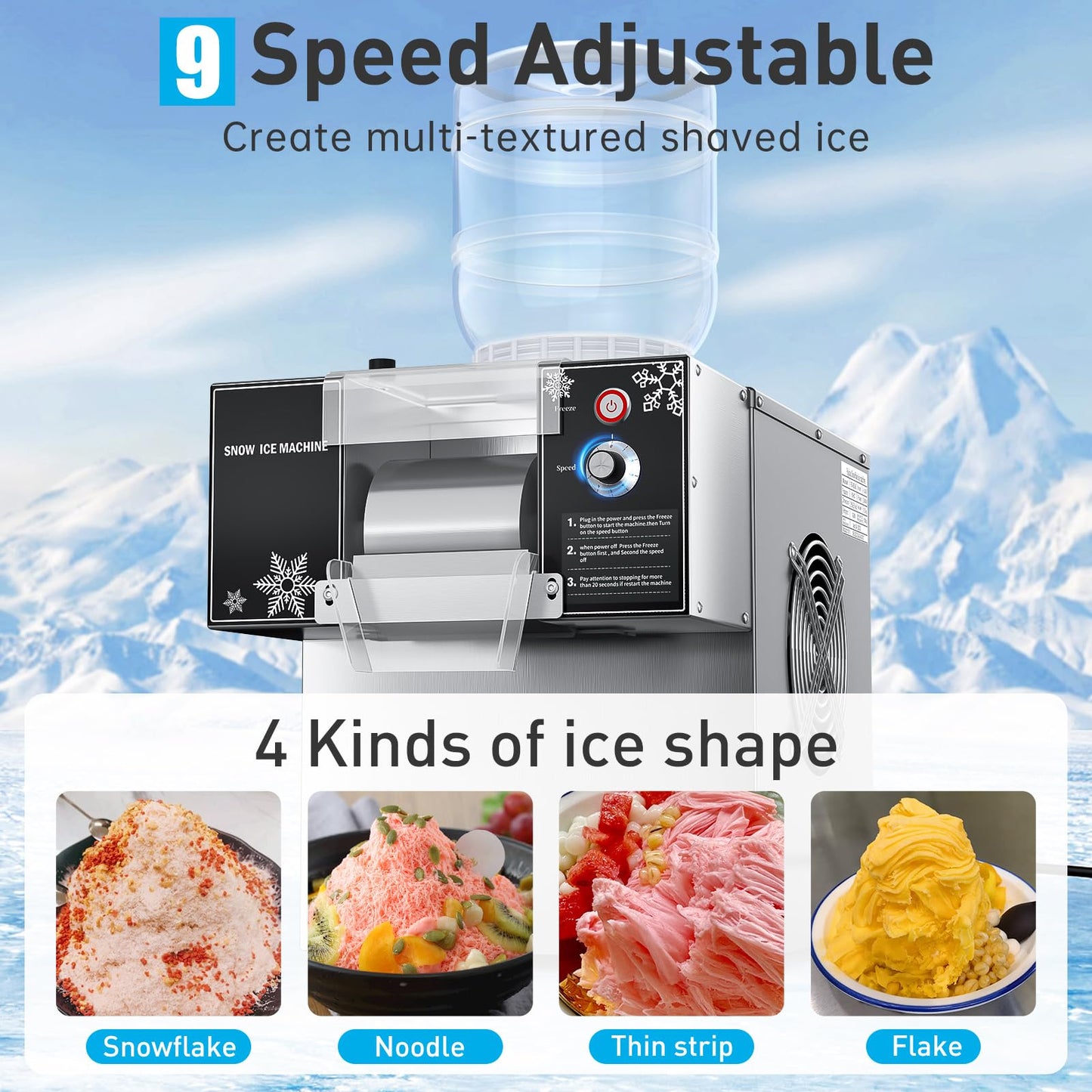Fajiduo Snowflake Ice Machine, 176 LBS/24H Commercial Shaved Ice Machine, Rapid Cooling and 9 Adjustable Speed, Stainless Steel Snowflake Ice Maker for Home, Restaurant, Office, Party