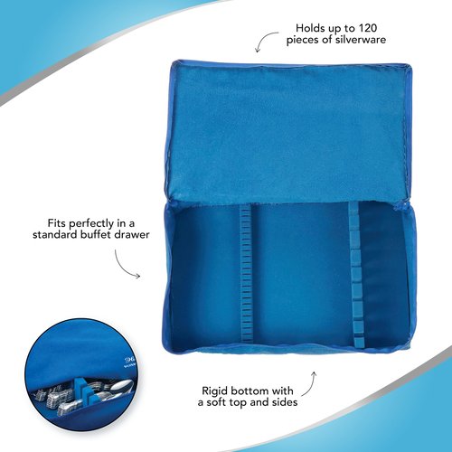 Hagerty Zippered Flatware Storage Drawer Liner –Tarnish Preventative Silverware Organizer, Large Container, Cutlery Holder, and Utensil Keeper Bag, Made in USA, Kosher Certified,Blue, 19" x 12" x 2.5"