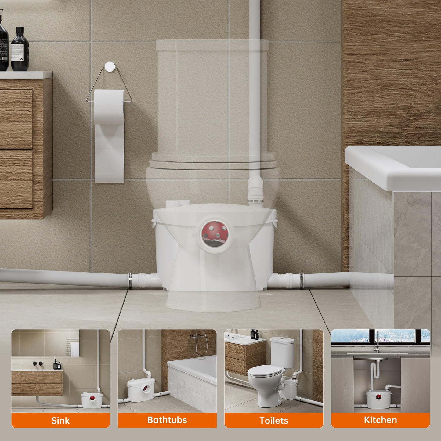 SUPERFLO Upflush Toilet for Basement with 600W Macerating Toilet System & Silent Toilet Pump for Macerator Toliet, Sink & Tub（Include Extension Pipe）