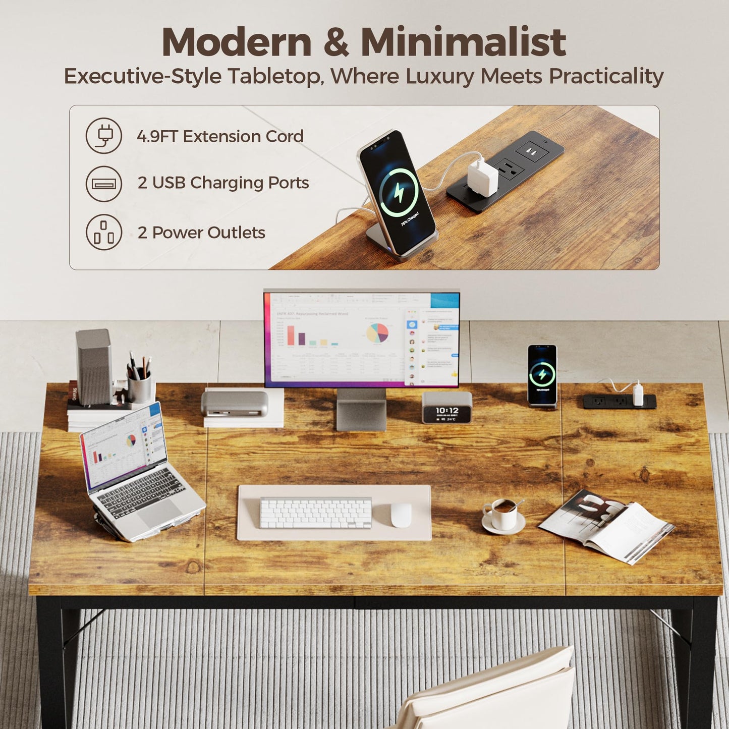Mericonia 63 Inch Large Computer Desk with Power Outlets, 1.2" Thick Heavy Duty Industrial Office Desk, Modern Simple Study Writing Table for Home Office Bedroom Workstation, Brown