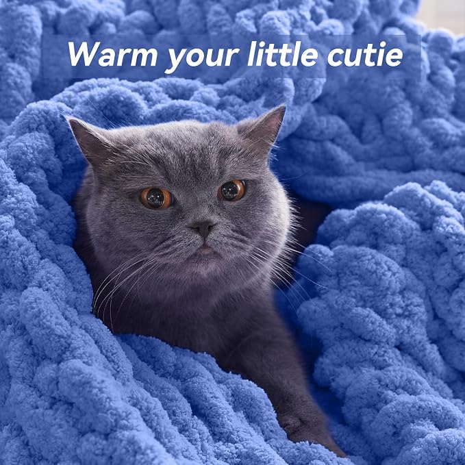 Negwoo Chunky Knit Throw Blanket, 50''*60'' Knitted Throw Chenille Yarn for Bed Couch, Handmade Light Blue Crochet Big Thick Blanket, Machine Washable Cute Comfy Blanket for Home Decor