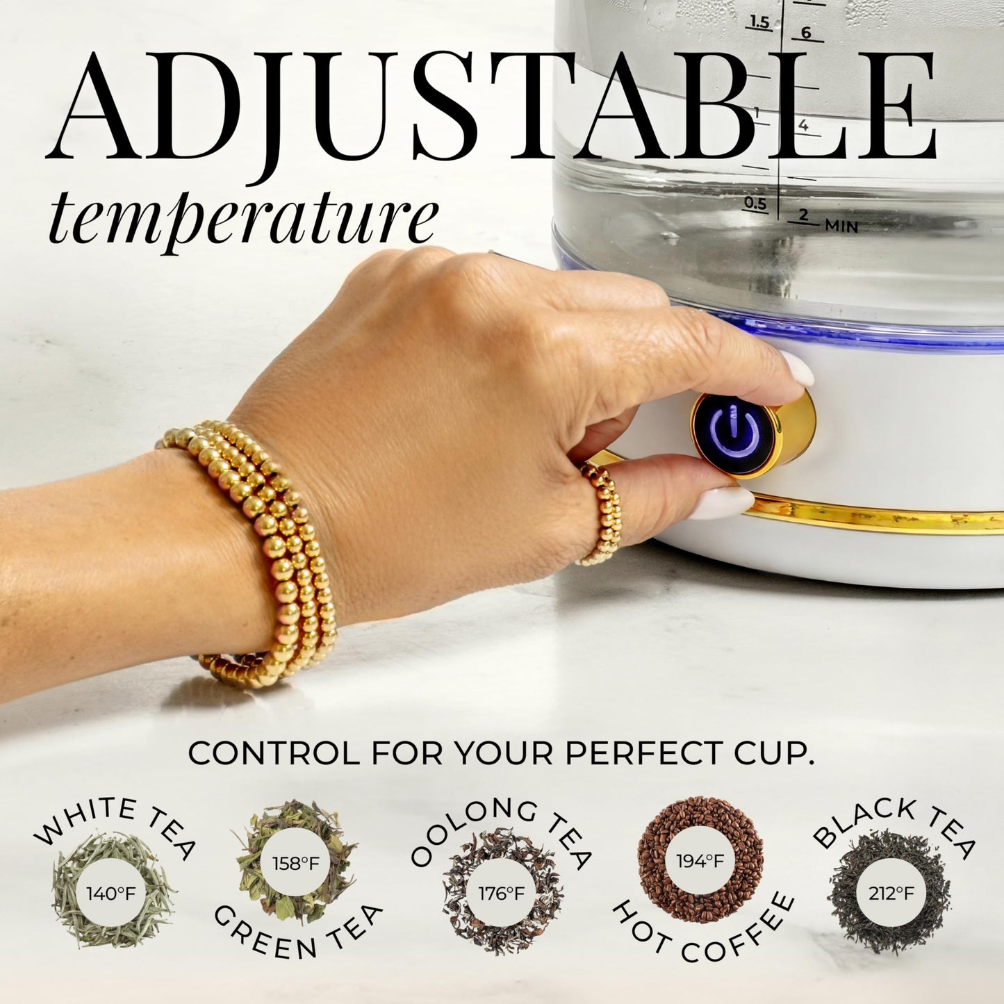 White Electric Tea Kettle with Temperature Control - 1500W Fast Hot Water Boiler and Warmer - White and Gold Electric Kettle with Keep Warm Function, BPA-Free Glass Body, Stylish Design, Auto Shut-Off
