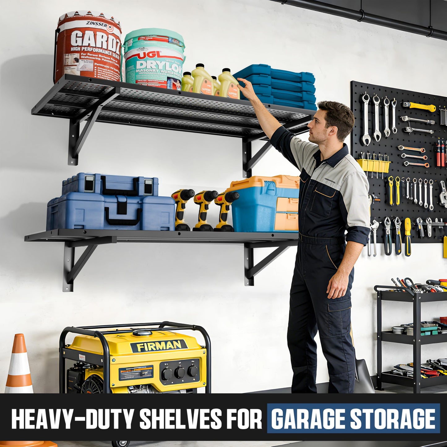 FOFARY Garage Wall Shelving 2-Pack(1.64x4 ft) Heavy Duty, Adjustable Garage Shelving Wall Mounted Shelves for Storage & Organization, Total 600 lbs Load Capacity, Black
