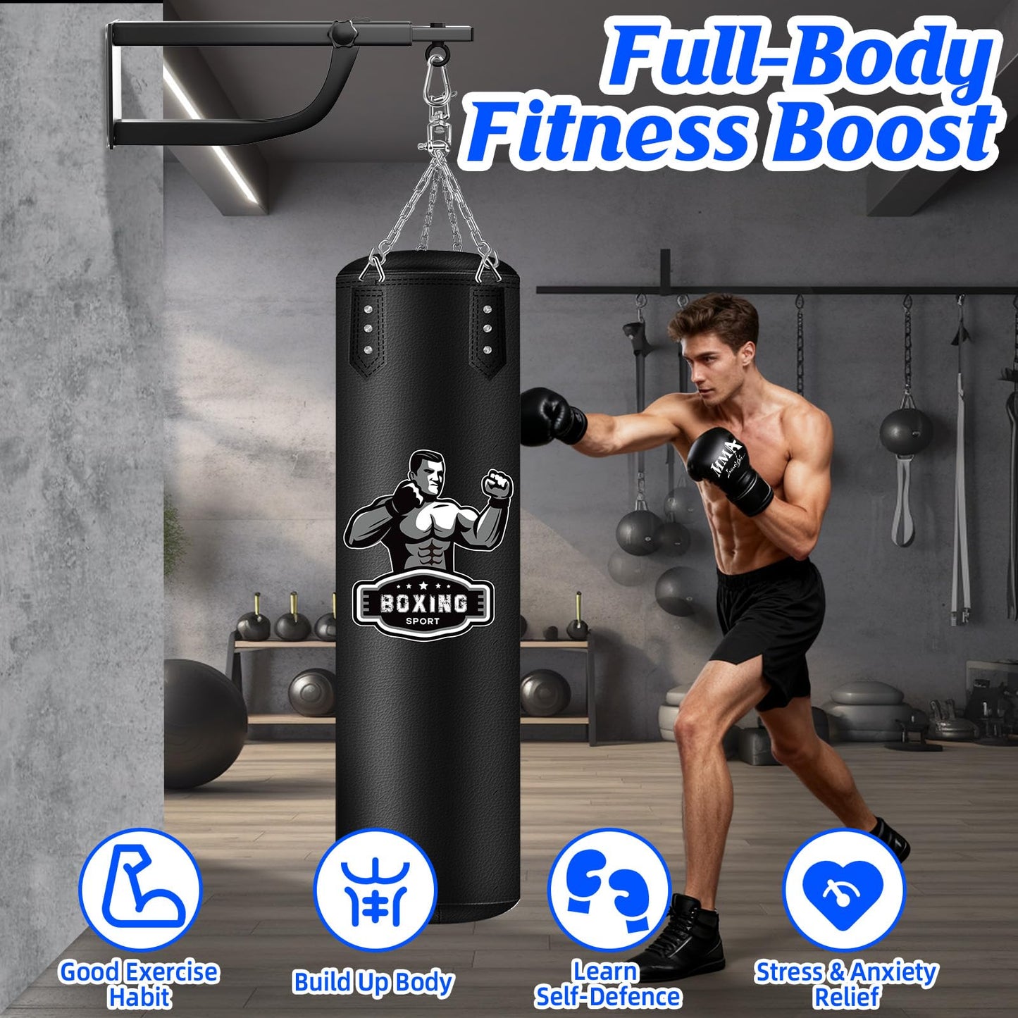 Hanging Punching Bag for Adults with Adjustable Boxing Wall Mount and Boxing Gloves, Wall Punching Bag Boxing Set for Home Gym Training Muay Thai MMA
