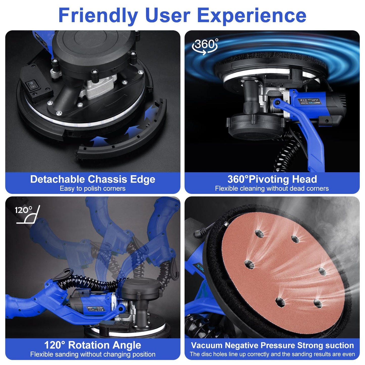 Drywall Sander, 1000W Popcorn Ceiling Removal Tool, Foldable Automatic Drywall Sander with Vacuum Dust Collection, LED Light, 6 Variable Speed 800-2200RPM,15Pcs Sanding Discs (Blue）