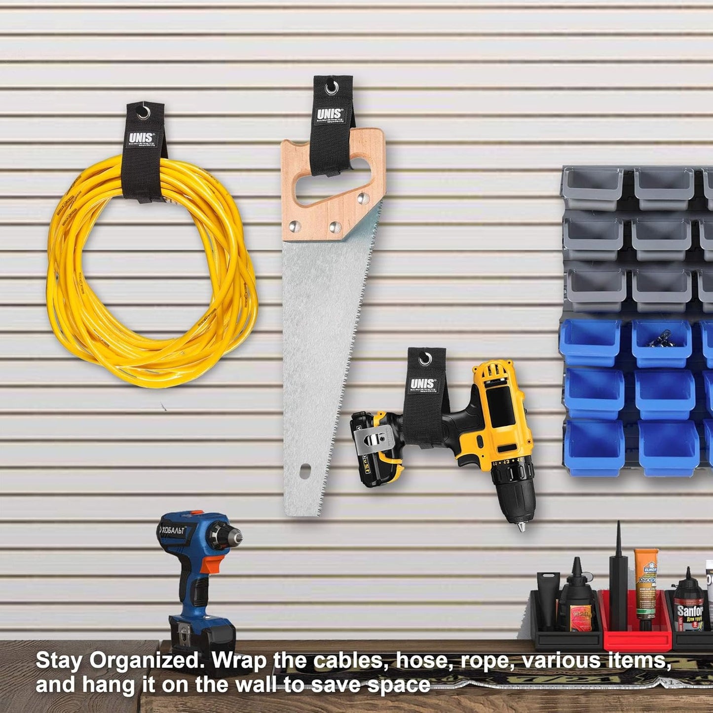 UNIS 8 Pack 13-inch Heavy Duty Large Extension Cord Storage Extendable Cable Ties Strap Loop Hanger Organizer