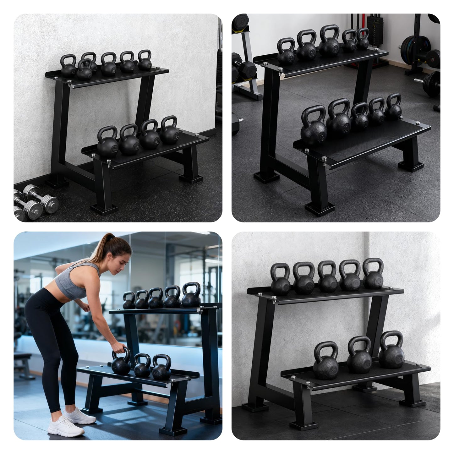 AUXHDK Kettlebell Storage Rack with Anti-Slip Pads, 2-Tier Weight Racks, Kettlebell Stand, Dumbbell and Kettlebell Rack for Home Gym Use
