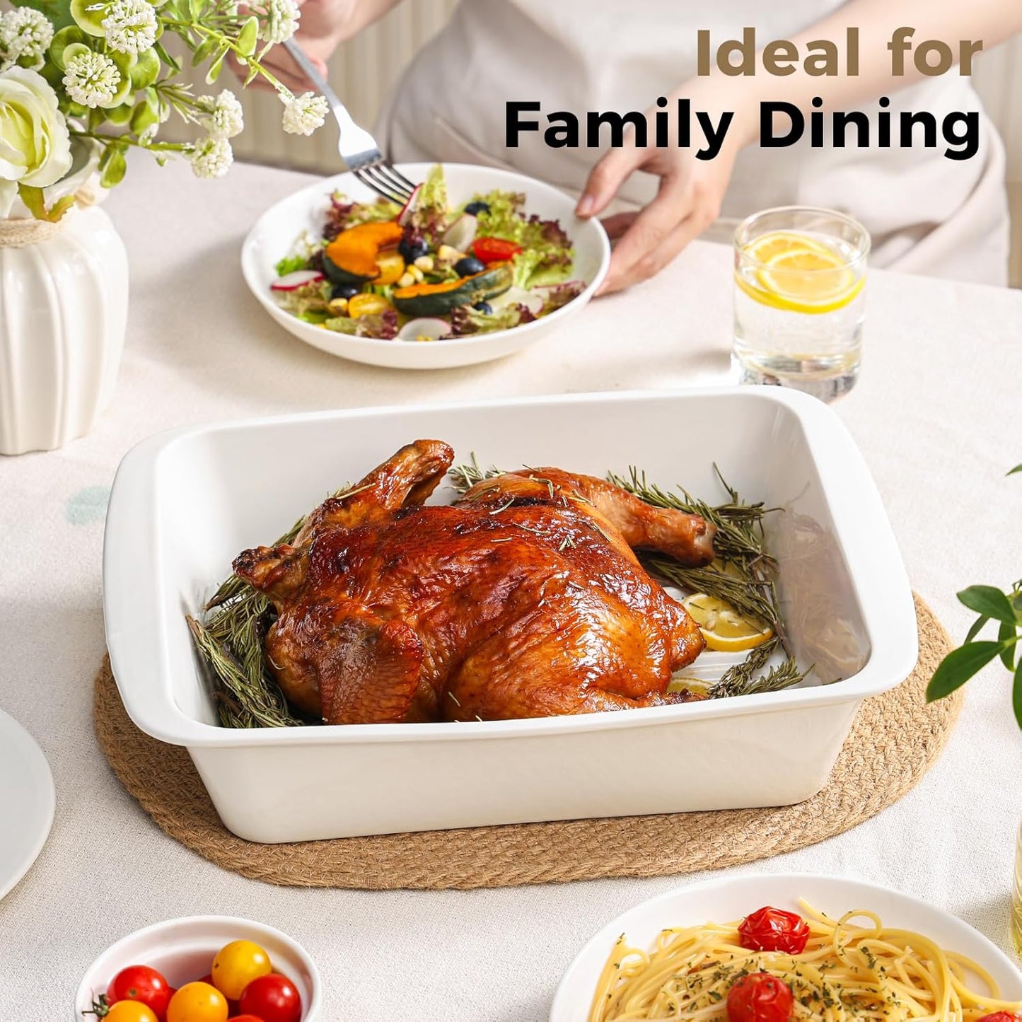 Regine Switzerland 9x13 Baking Dish Set of 2 - Porcelain Casserole Dish with Handles | Deep 3.75 Qt Bakeware, Microwave & Dishwasher Safe, White