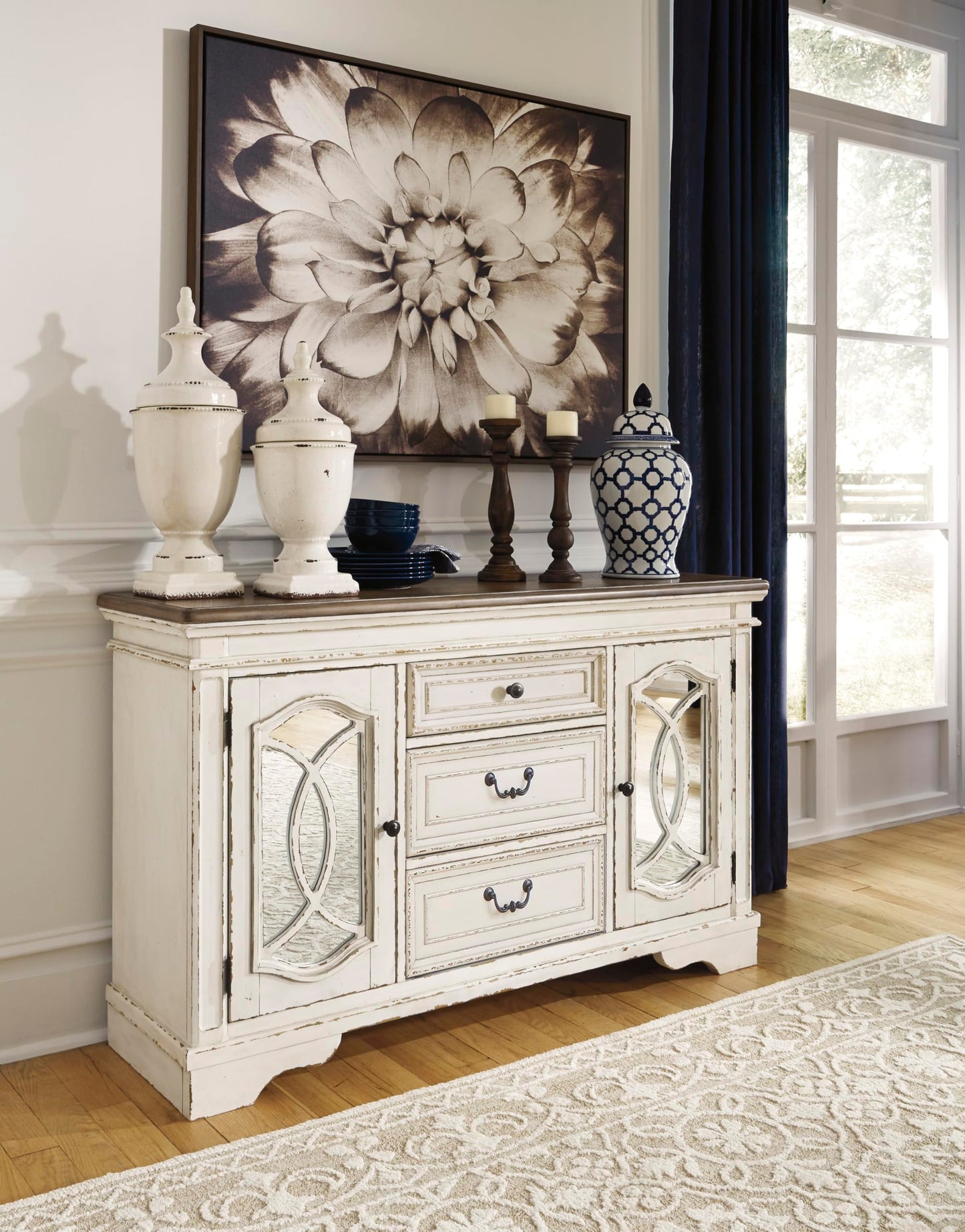 Signature Design by Ashley Realyn French Country Distressed Dining Room Server, 3 Drawers, 2 Cabinet Doors, Wood, 59" W x 17" D x 36.5" H, Chipped White