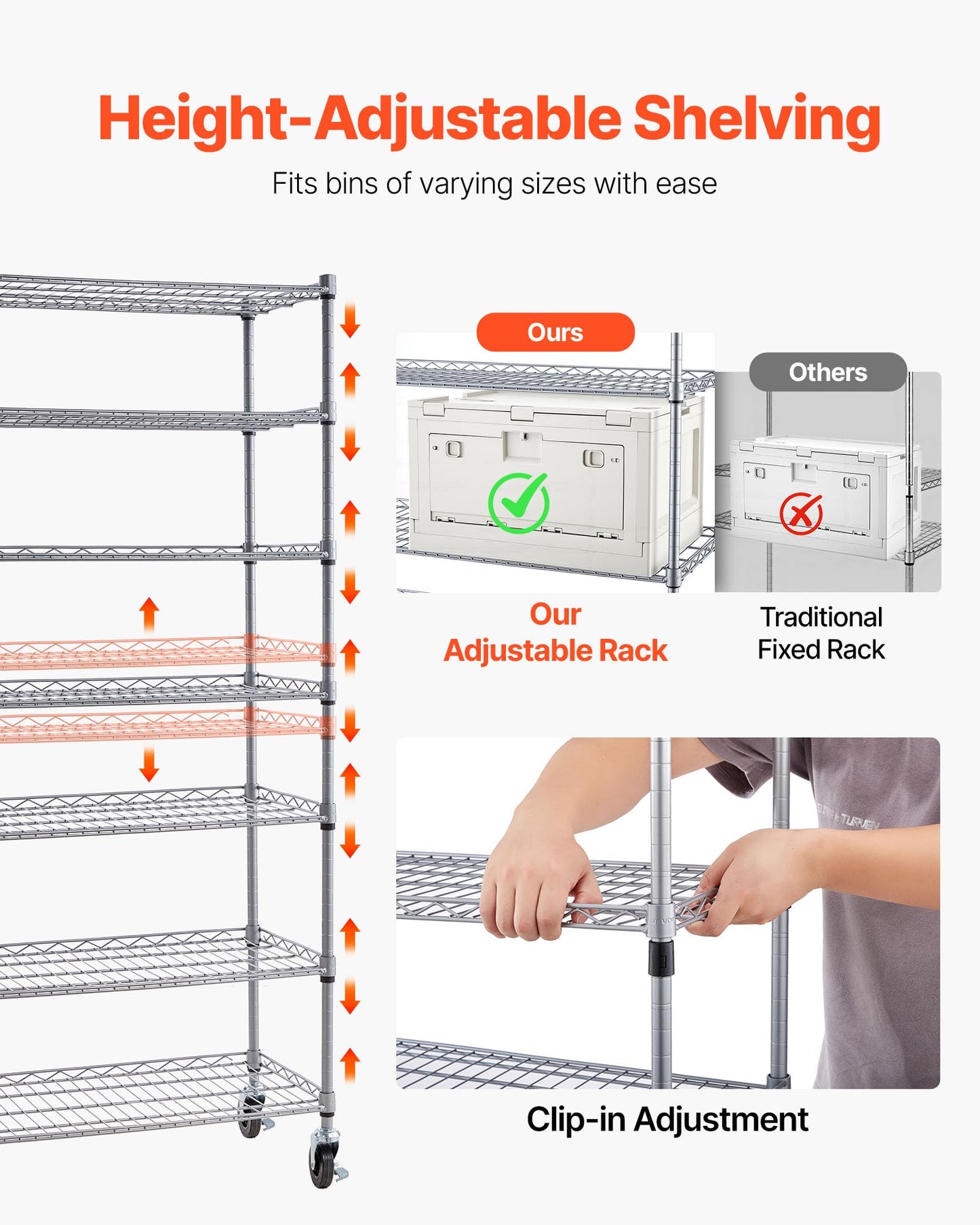 VEVOR 7-Tier Rolling Bin Storage Rack, 18 Organizer Bins, Bin Rack Storage Steel Wire Shelving System with Wheels, Mobile Tool Organizer for Garage, Warehouse, Office, Restaurant, Classroom, Kitchen