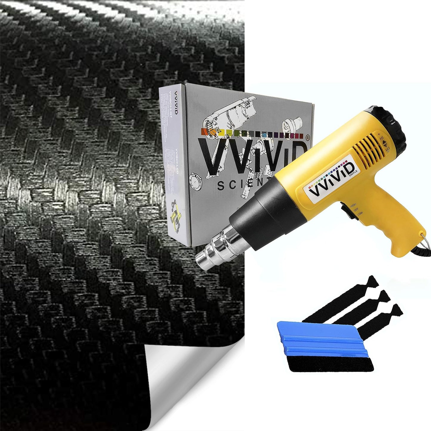 VViViD XPO Black Carbon Fiber (25ft x 5ft) Car Wrap and Yellow Heat Gun, 3M Toolkit Bundle - M0