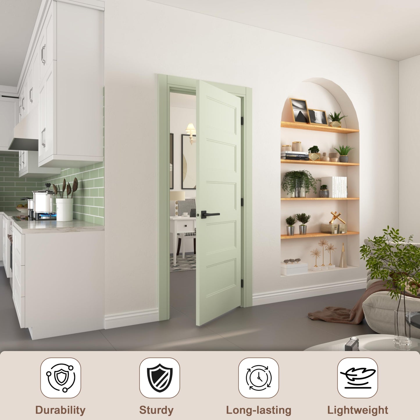 JUBEST 36"x80" Left-Hand Prehung Interior Door with Knock Down Jamb Kit & Matte Black Hinges, 5-Panel White Primed Hollow Core Molded Door Slab with Bore & Hinge Cutout, Durable & Sturdy, No Handle