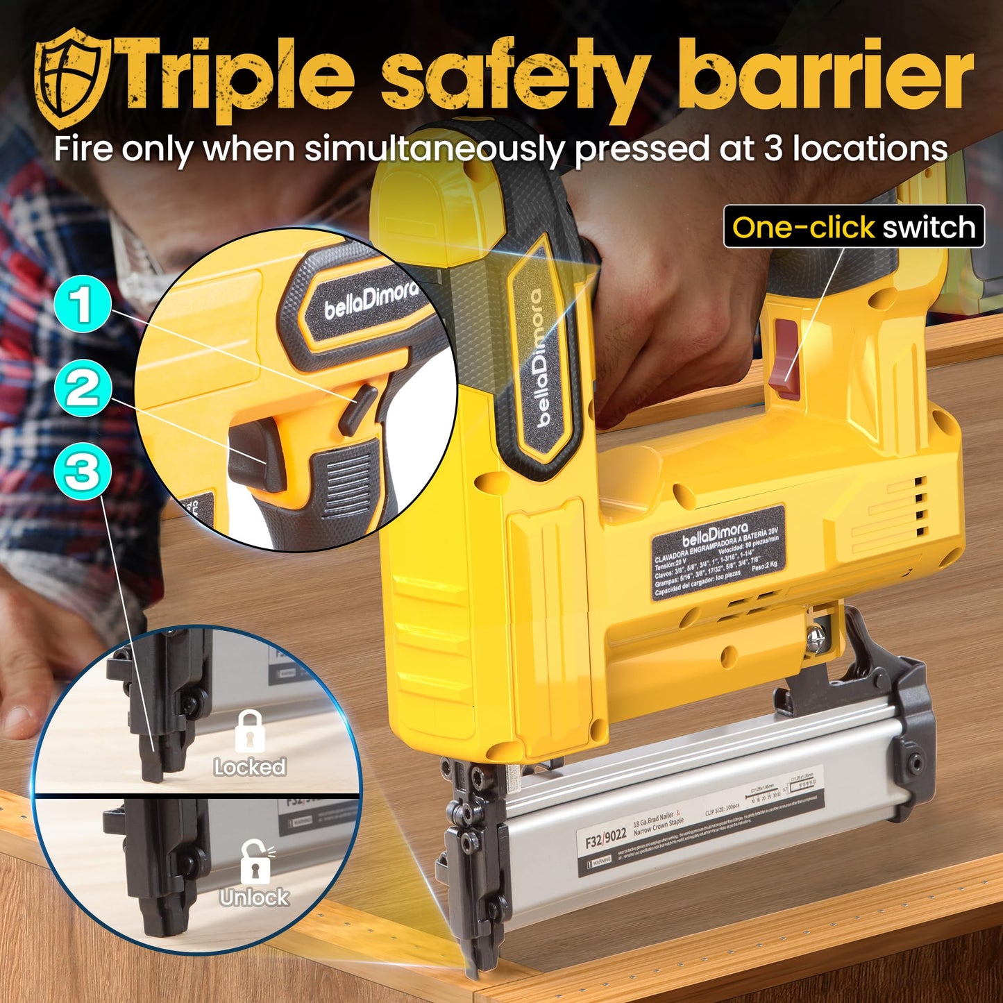 Cordless Brad Nailer Compatible with DeWalt 20V Battery, 2 in 1 Nail Gun & Staple Gun with 1000 Nails &1000 Staples, 18 Gauge Brad Nailer for Home Improvement(No Battery)