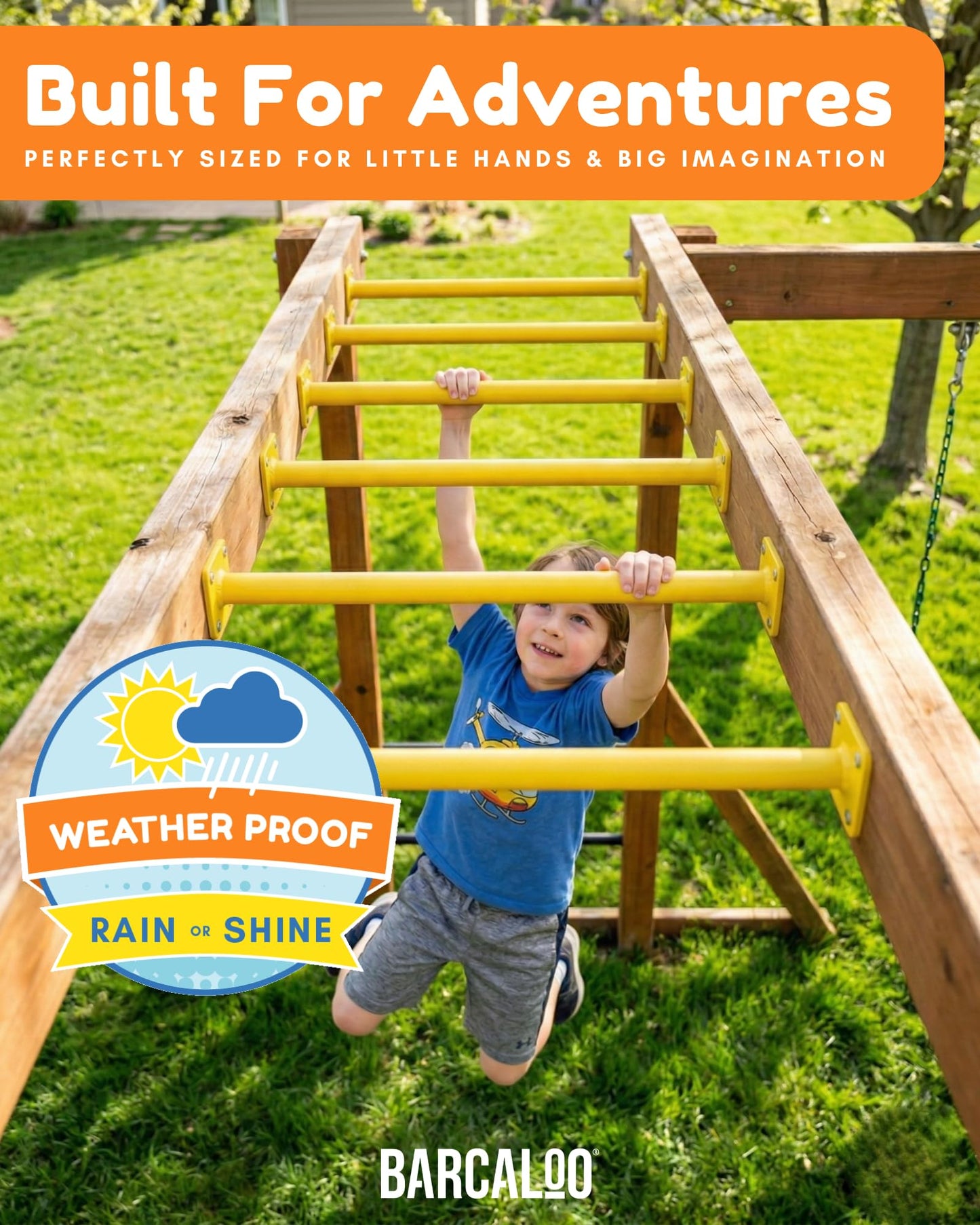 Barcaloo Playground Equipment Monkey Bars Playset Attachment - Set of 8 Yellow Powder Coated Indoor Monkey Bars for Kids with Mounting Plates, 16 1/2 Inches Long