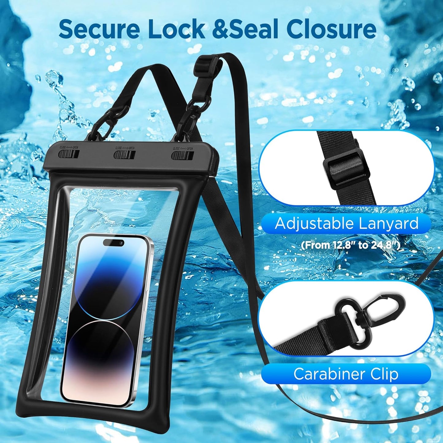 CACOE IPX8 2 Pack-Up 10.0",Adjustable [Floatable Floating Universal Waterproof Phone case to Lanyard Phone