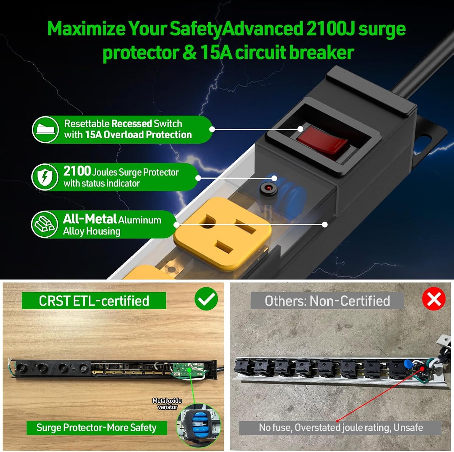 CRST 8 360 2100 15Amp/1875W 6FT 14AWG Outlet Heavy Duty Rotating Mountable Power Strip, Joules Surge Protector Power