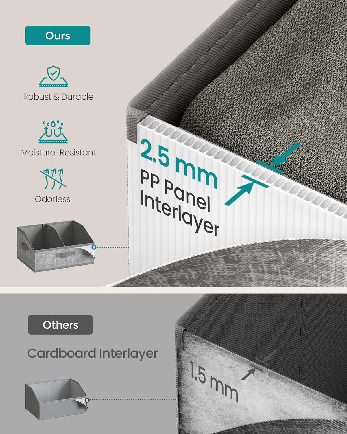 SONGMICS Storage Baskets Set of 6 - Foldable Fabric Bins with Removable Dividers | 15.7 x 11.8 x 7.9 Inches, Cattail Gray