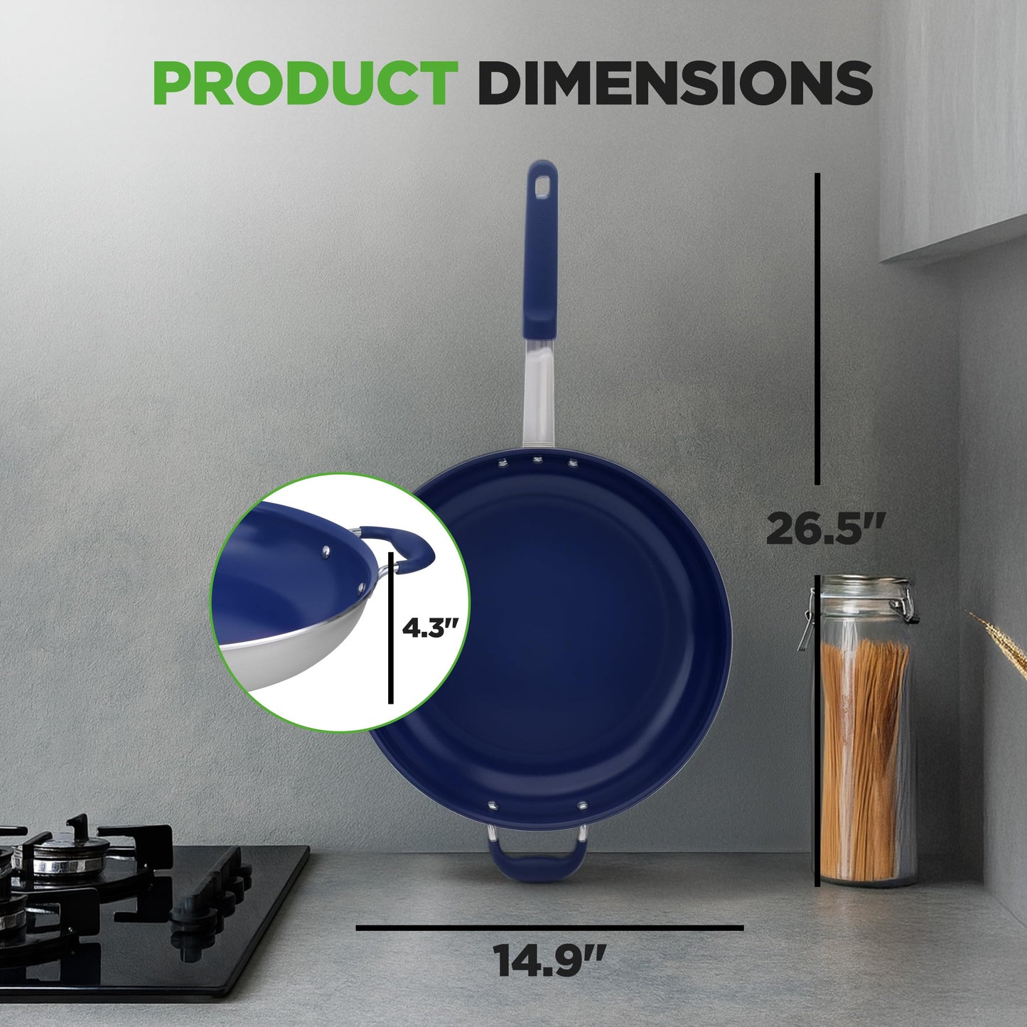 NutriChef 14" Fry Pan With Lid - Extra Large Skillet Nonstick Frying Pan with Silicone Handle, Ceramic Coating, Blue Silicone Handle, Stain-Resistant And Easy To Clean, Professional Home Cookware