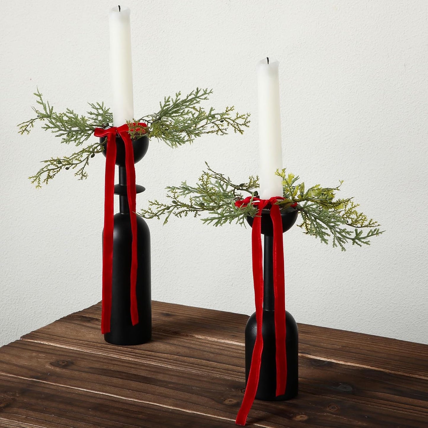 Suncalla Christmas Pine Taper Candle Rings - 12 Pcs Velvet Bow Mini Holders | 1.38 Inch Burgundy Decor
