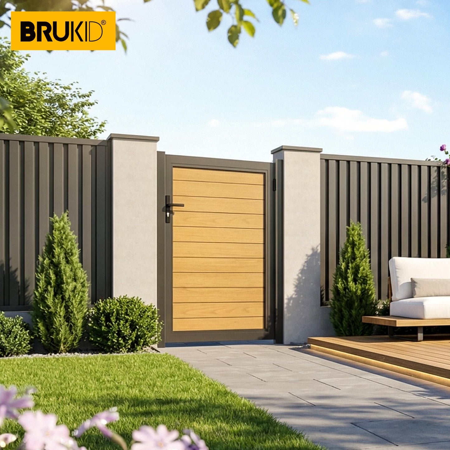 Brukid 3x4 FT Aluminum Fence Gate Kit Wood Grain Aluminum Gate with Decorative Cutout, Lock & Hinges, Left/Right Opening, Weather Resistant for Yard Garden Patio