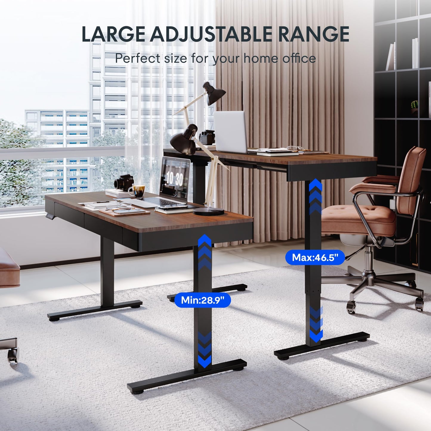 FLEXISPOT Standing Desk with Drawer, 55 x 24 Inch Whole Piece Electric Adjustable Height Stand Up Computer Workstation for Home, Office, Dark Walnut