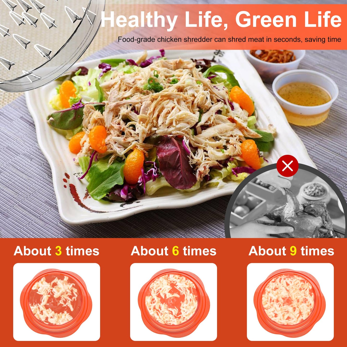 SURETIVIAN Chicken Shredder Tool Twist Large Chicken Breast Shredder with Brush&Fork, Visible Meat Shredder Machine, Anti-Slip Strip, Ergonomic Handle, BPA Free, Suitable for Pork Beef Chicken(Orange)