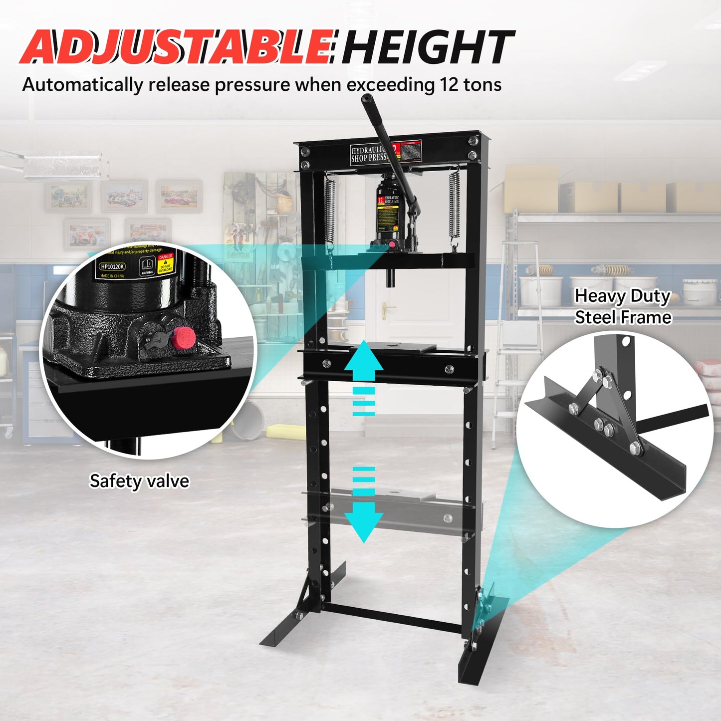 Hydraulic Shop Press,12 Ton H-Frame Garage Floor Adjustable Shop Bearing Press with Stamping Plates to Bend, Straighten, Or Press Parts, Install Bearings & U-Joints