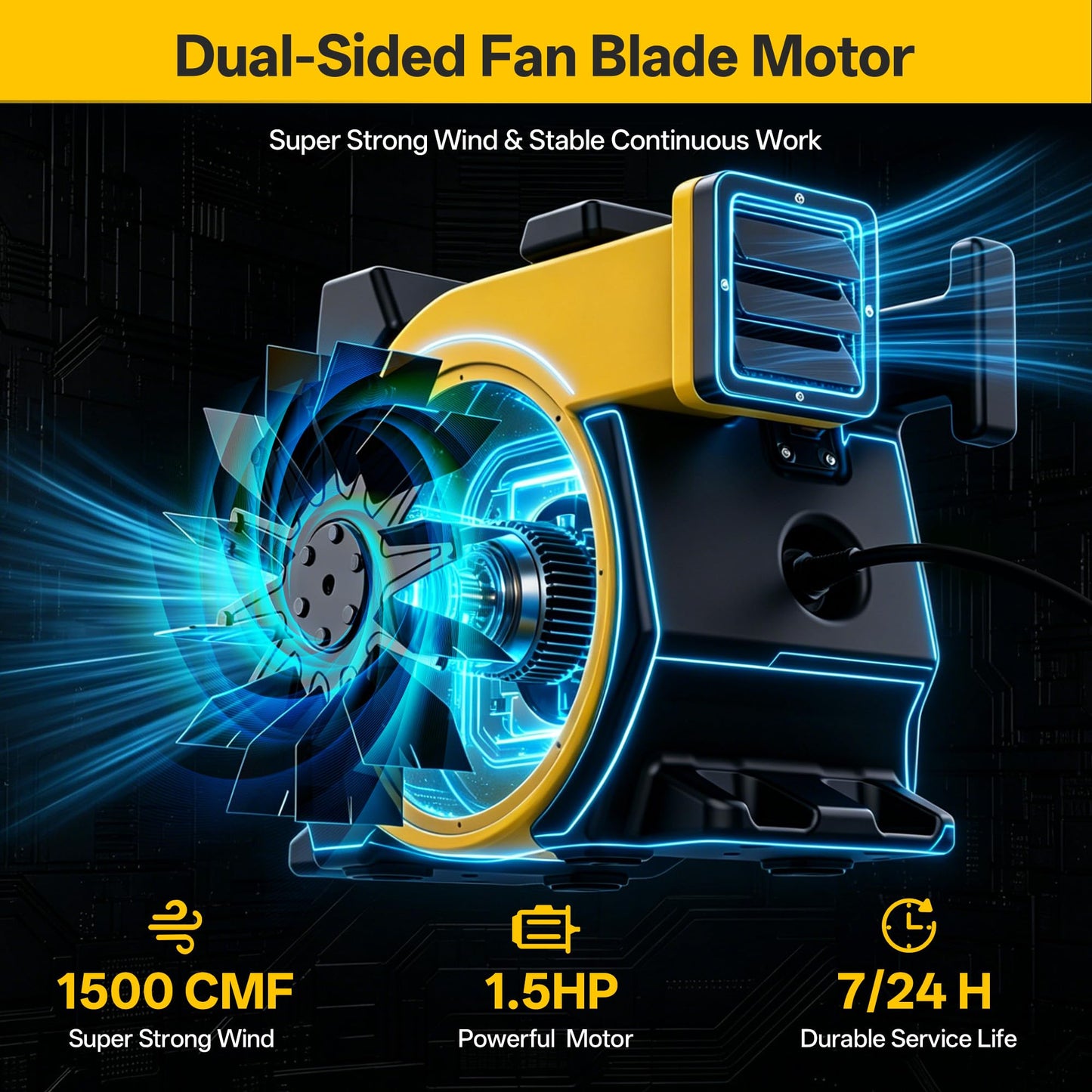 Huilynsen Air Blower for Inflatables 1.5 HP,Commercial Bounce House Blower with Double-Sided Fan Blade 1500 CFM PP Weatherpoof Blower Fan for Inflatable Water Slide,Paint Booth(Black&Yellow)