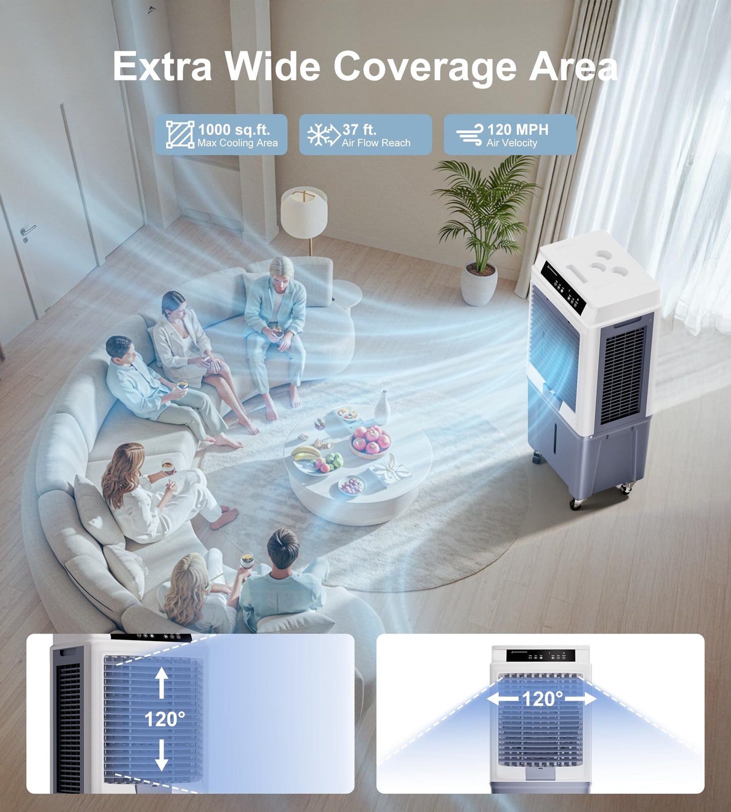 KEGIAN Swamp Cooler, 3880CFM Evaporative Air Cooler with 10.6 Gal Water Tank, 3 Speeds, Remote, 120° Oscillation, Windowless Portable Air Conditioners for Garage, Patio, Indoor/Outdoor Use
