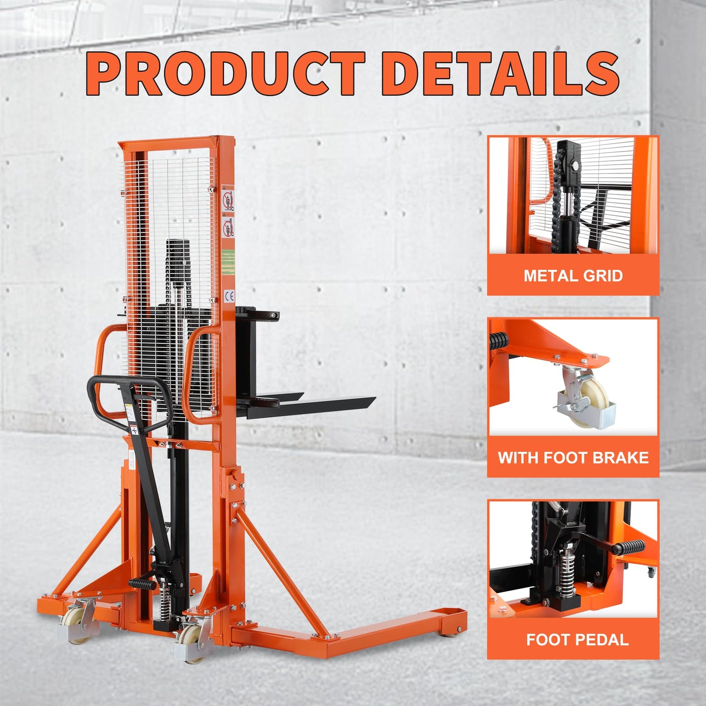 Tory Carrier Manual Stacker Material Lift 63” Lifting Height 1100lbs Capacity with Straddle Legs Hydraulic and Adjustable Forks Forklift