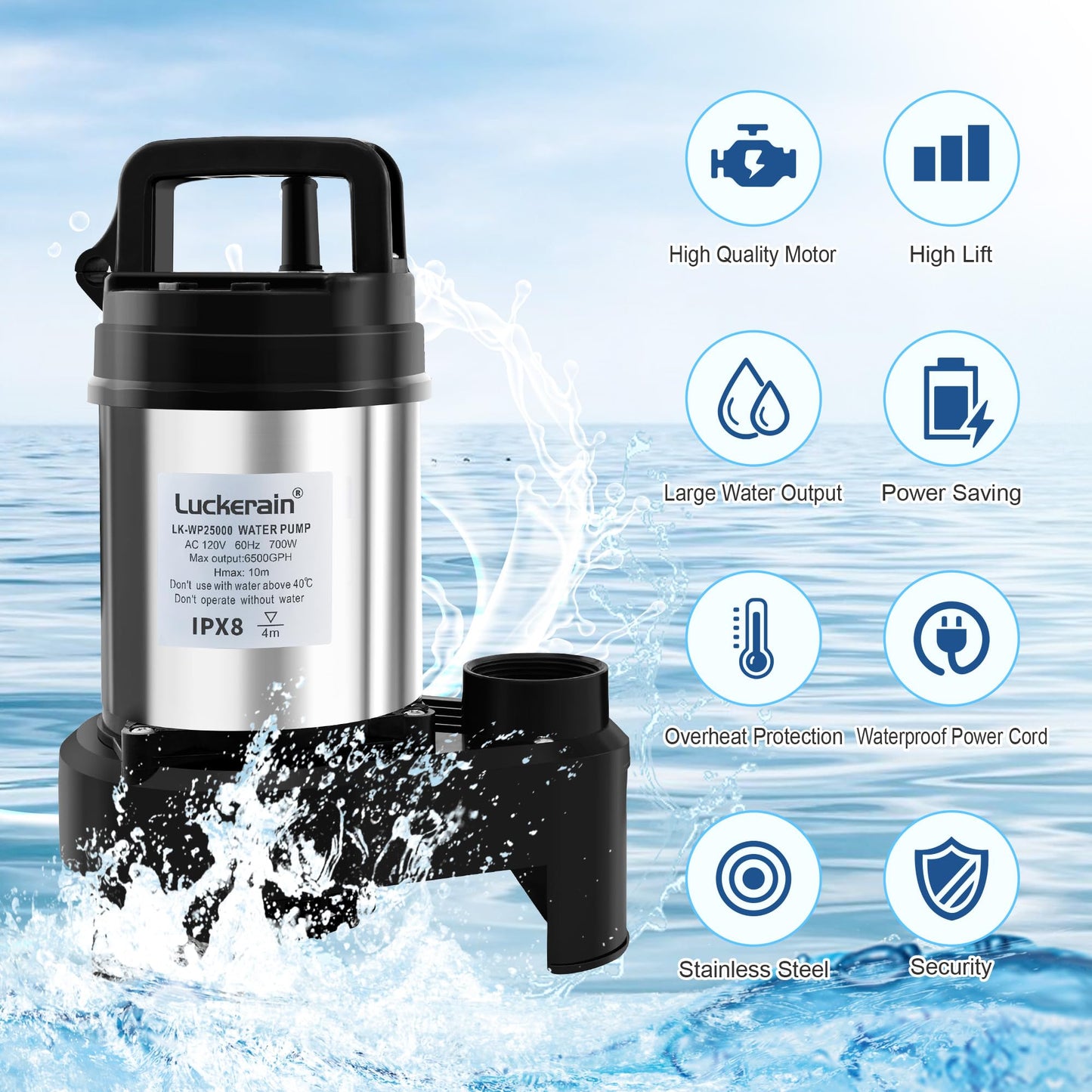 Submersible Water Pump 2/3 HP Stainless Steel Sewage Pump with Timer 5500 GPH Sump Pump for Garden Irrigation,Basement,Outdoor Drainage, 2'' NPT Discharge Port,50ft Cord
