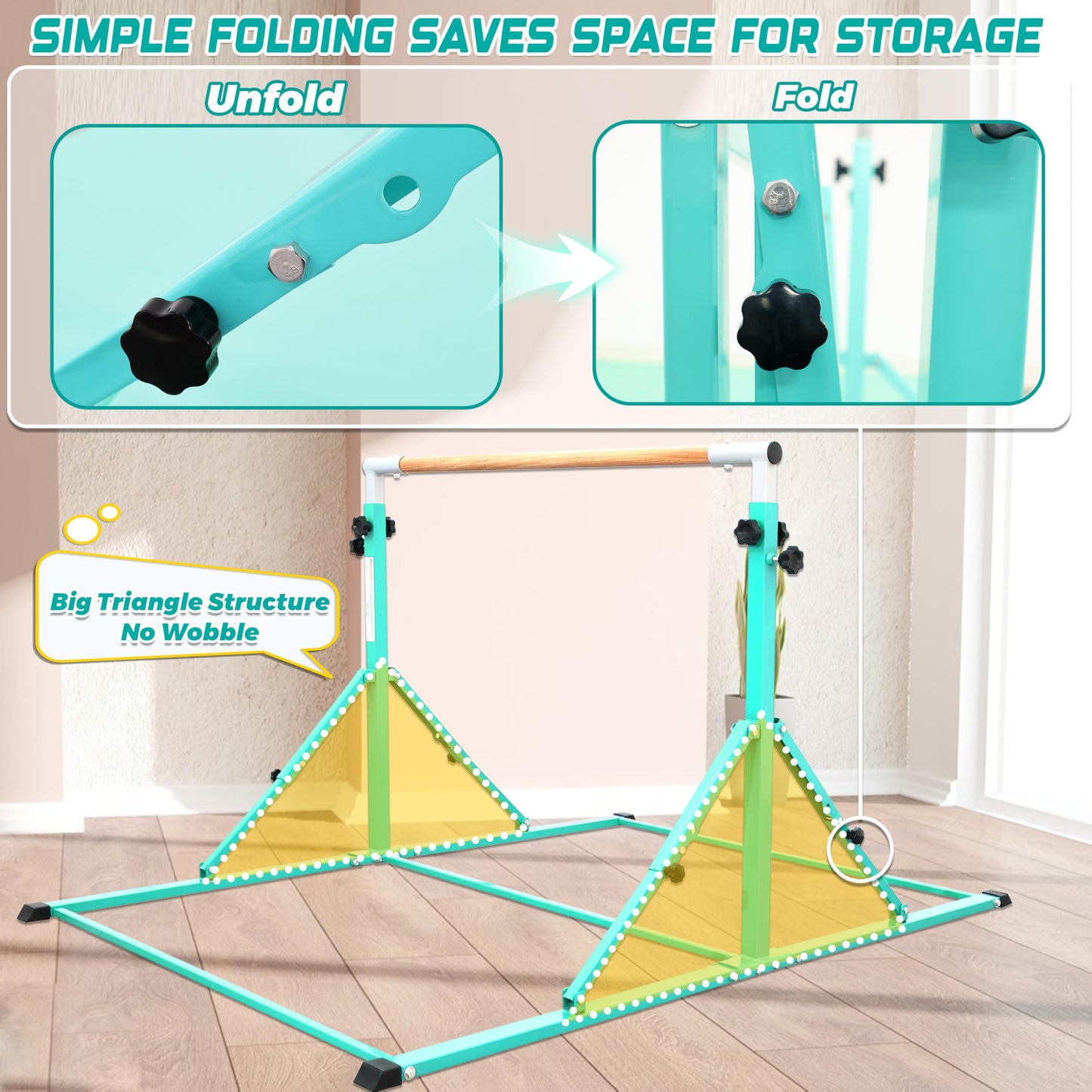 PreGymnastic Foldable Gymnastics Bar, 5.6FT Horizontal Bars for Kids 3-12, Weight Limit 350 LBS, Adjustable kip Bar, Children Home Gym Equipment (Teal)