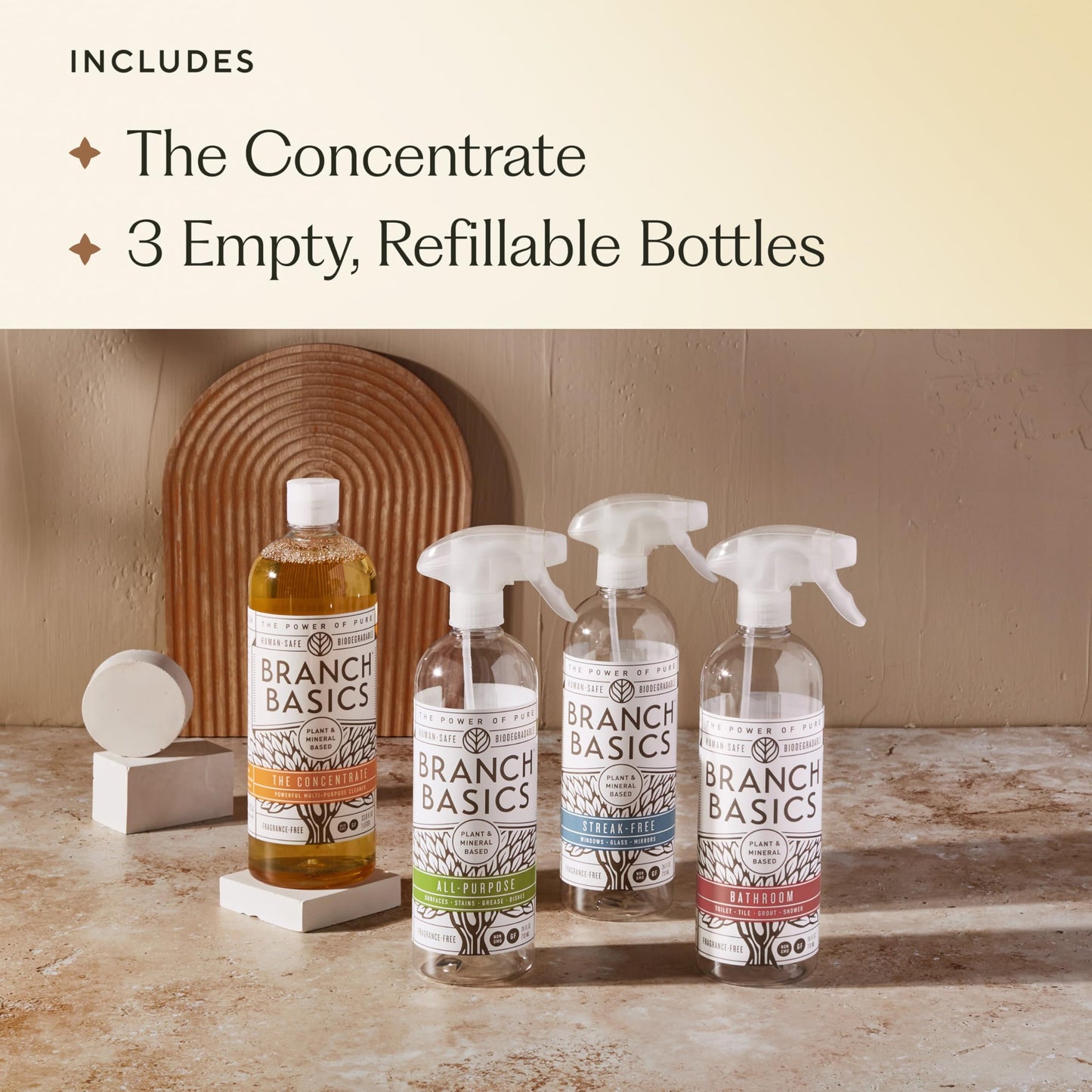 Branch Basics Cleaning Essentials Kit: All Purpose, Glass and Bathroom Cleaner - Concentrate (33.8 Oz) (17 Refills) + Refillable Plastic Spray Bottles (24 Oz) Plant Based, Human-Safe, & Fragrance Free