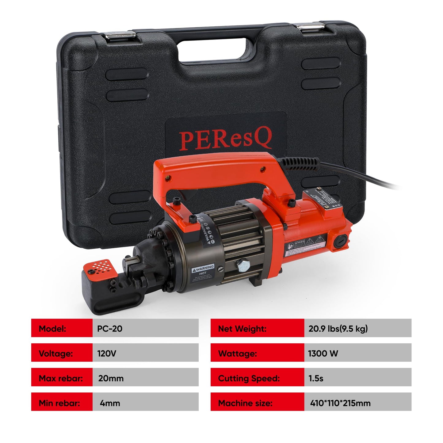PEResQ Electric Rebar Cutter, Portable 1300W Hydraulic Rebar Cutting Tool, Cuts up to 3/4 inch (#6) 4-20mm, 120V Corded, 1.5s Fast Cut, Model PC-20