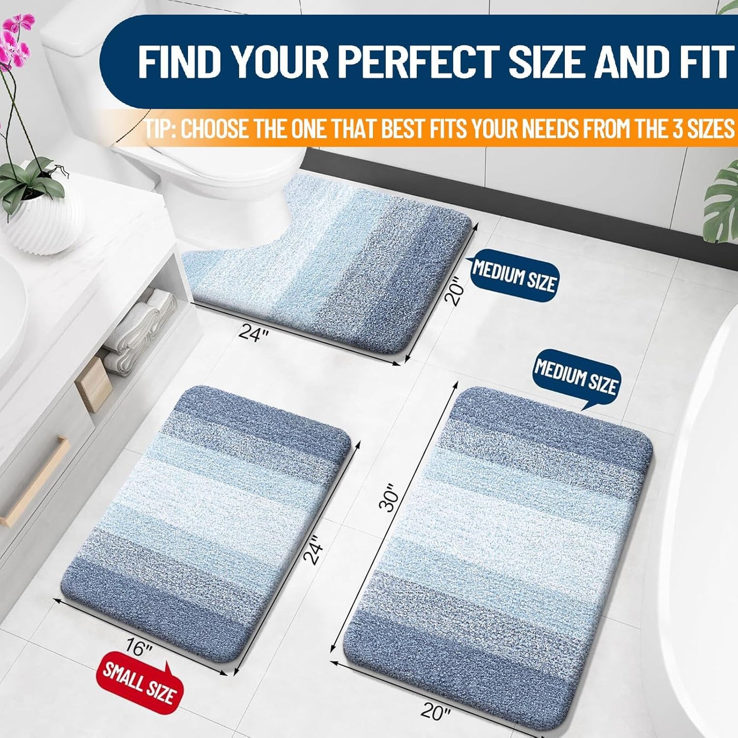 OLANLY Bath Rugs Mat - Extra Soft Microfiber, Quick Dry & Machine Washable | 24x16 Blue Rubber Backing