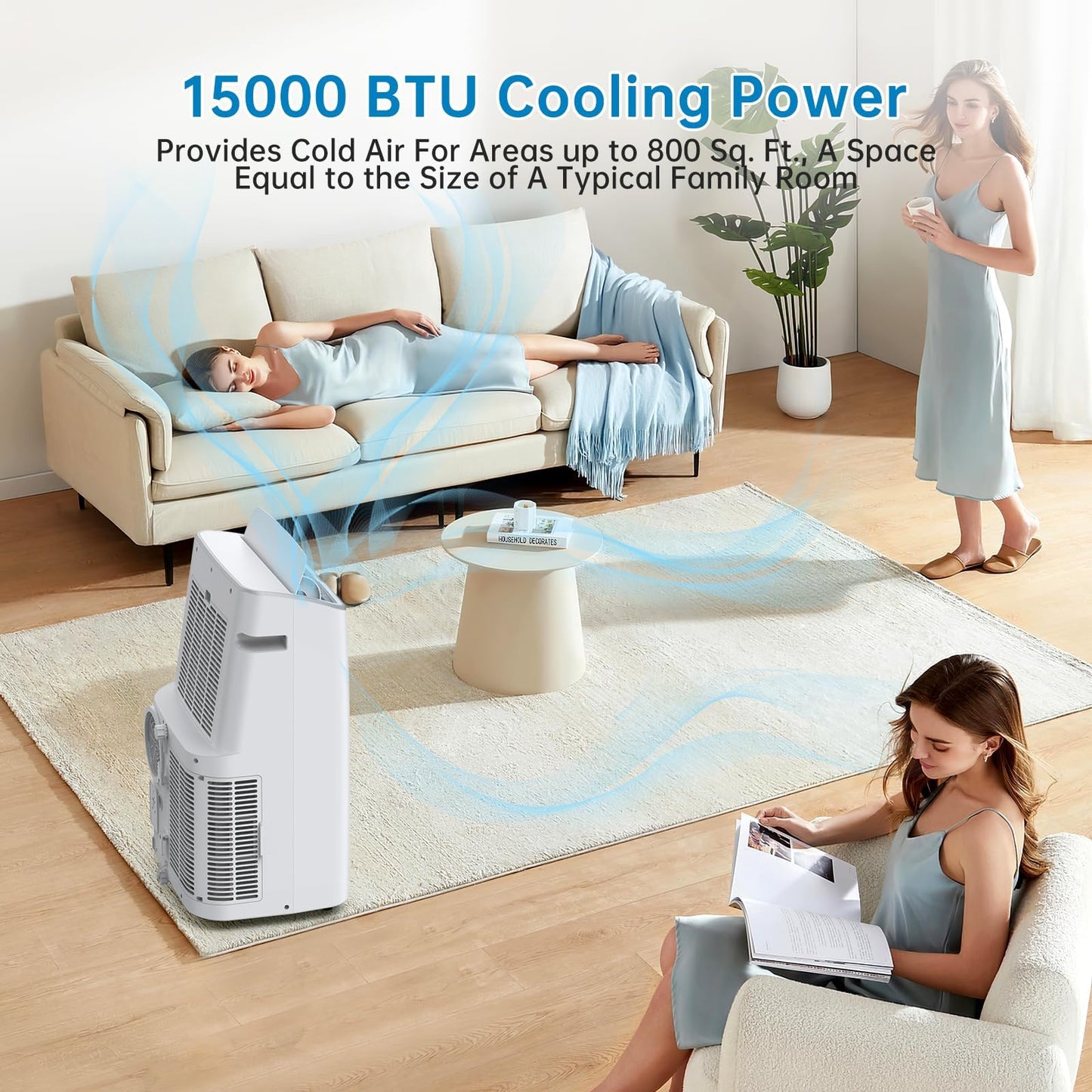 Portable Air Conditioners, 15000 BTU Cooling Capacity for Up to 850 Sq. Ft, Multi-Functional AC Unit with Fan, Dehumidifier, Remote Control, Quiet Operation for Home and Office, White