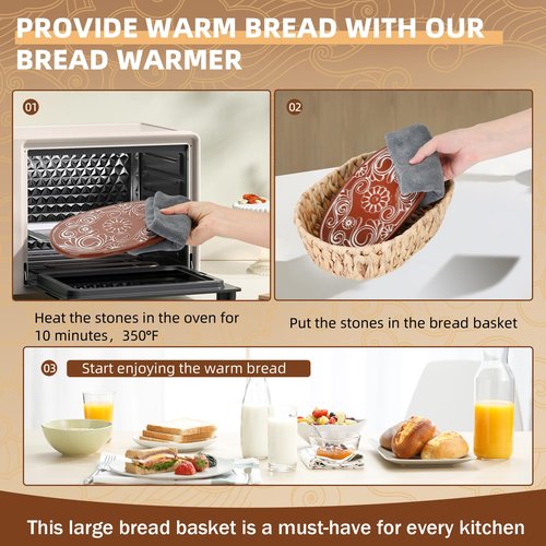 Bread Warmer Basket with Stone, Bread Baskets for Serving Tortilla,Bread Basket with Warming Stone, Ideal Bakers' Gift for Kitchen Lovers, Men & Women, New Homes, 1 Year Full Warranty