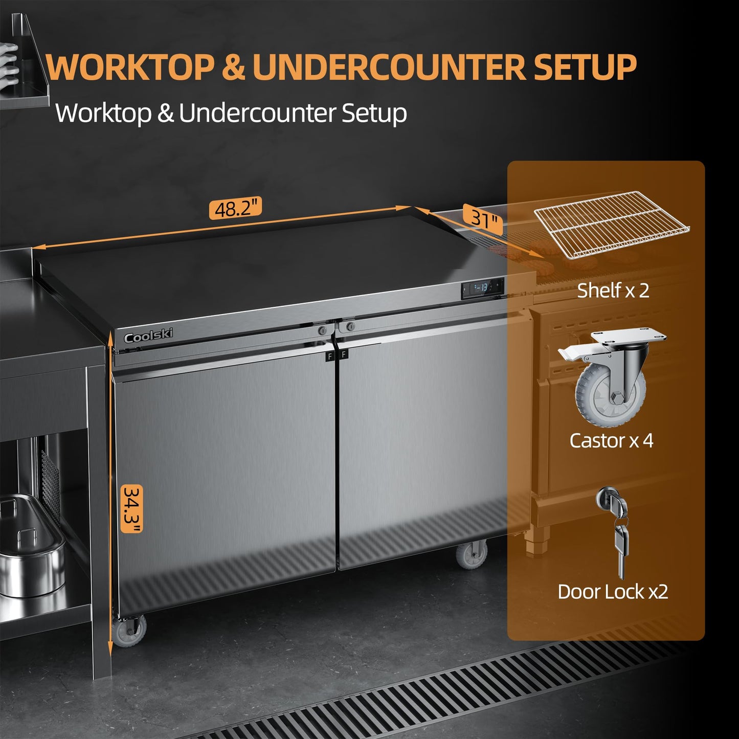 Coolski 48”W Commercial Freezer Undercounter Worktop, 13.4 Cu.ft. Stainless Steel Worktop Food Prep Freezer, -13℉to -5℉, Double Door 2 Shelves Fridge for Restaurant/Bar/Diner/Kitchen Use