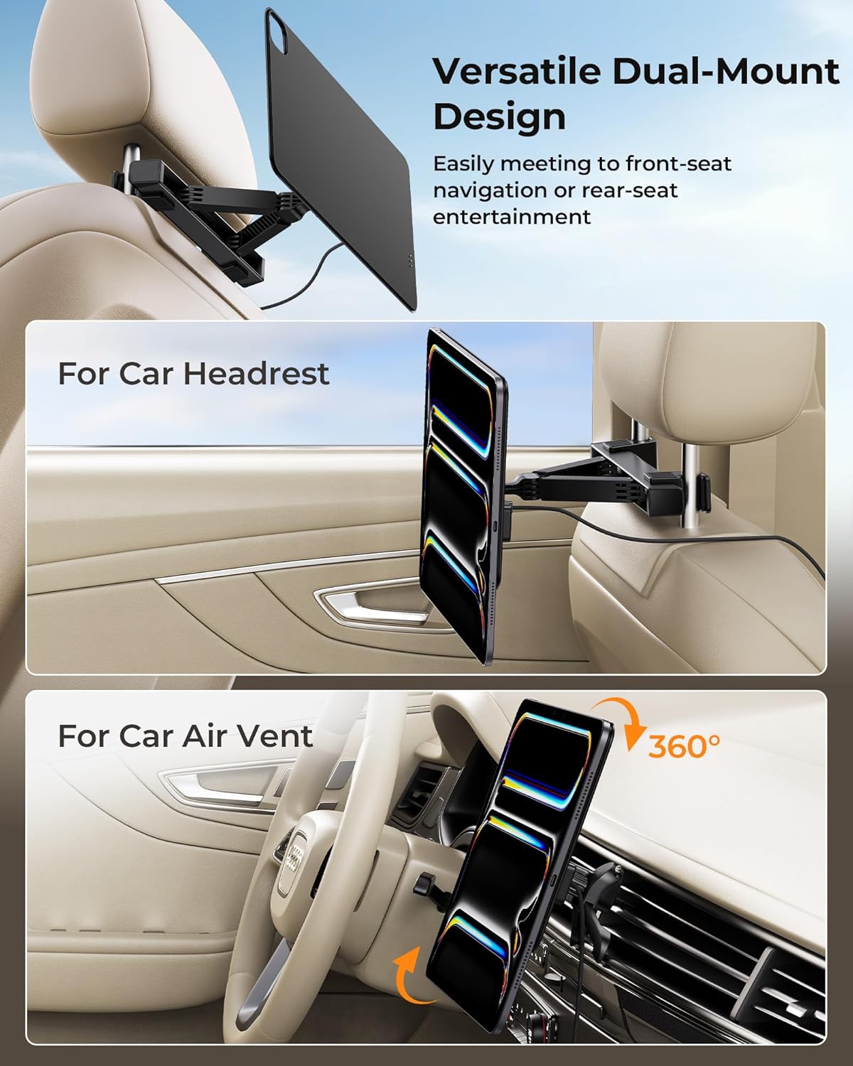 KU XIU 11'' M4 [2024]Only, 2M KUXIU Magnetic Wireless Charging Car Headrest Tablet Holder for iPad Pro Tablet Car Back