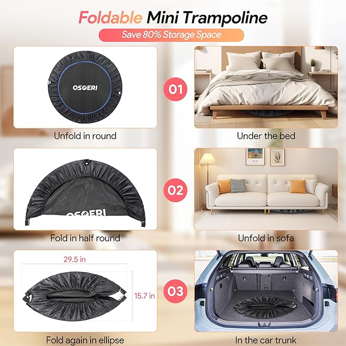 Osoeri 48" Rebounder Trampoline Foldable for Adults Max Load 450lbs, Mini Trampoline with Adjustable Foam Handle for Adults, Fitness Trampoline Indoor/Garden Workout