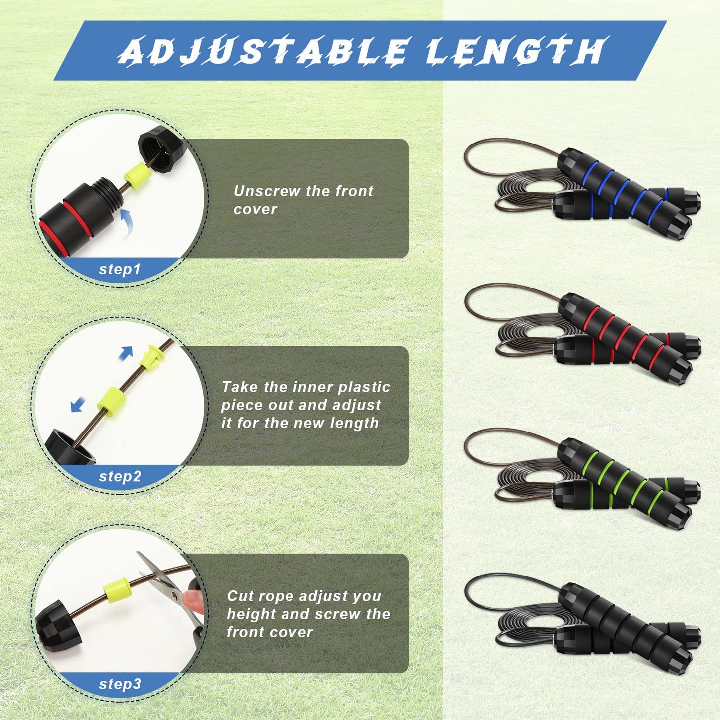 Junkin 12 Pieces Jump Ropes for Fitness with Ball Bearings Speed Jumping Adjustable Skipping Rope with Foam Handles Exercise Stuffer for Men Women Cardio Training Slim Body(Red, Green, Black, Blue)