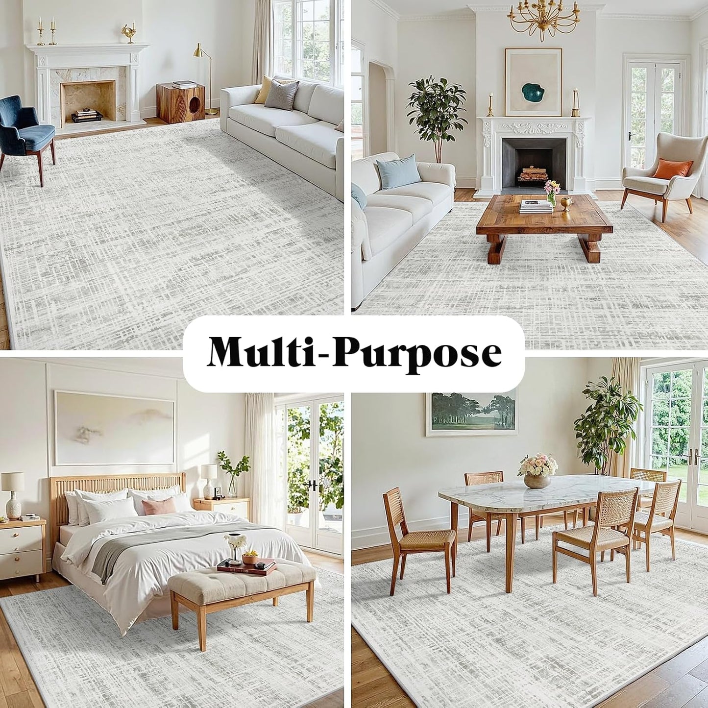 Skiennix 8x10 Area Rug - Washable Anti-Skid Abstract Design for Living Room | Soft Non-Shedding Carpet (White Gray)